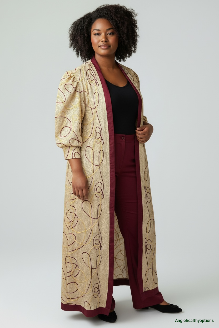 Boutique Long Open Abaya Kimono – Patterned Duster Jacket with Balloon Sleeves