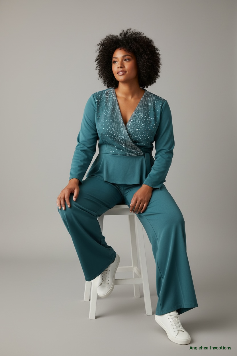 Moete Muse Teal Embellished Wrap Top & Wide-Leg Pants Co-Ord Set