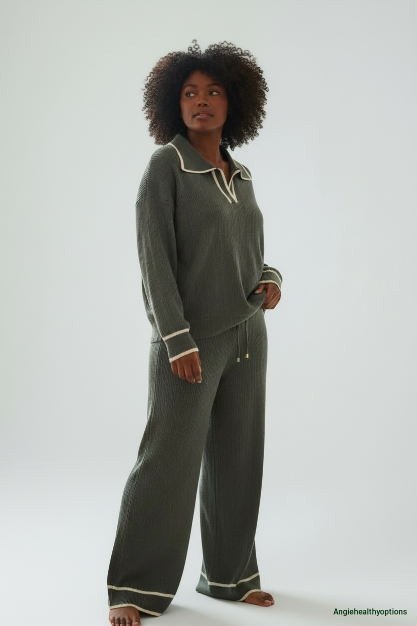 Boutique Ribbed Knit Loungewear Set – Green Collared Top & Relaxed Pants