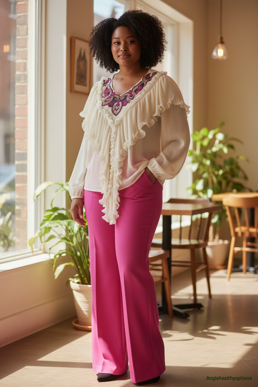 Boutique Embellished Ruffle Blouse & Hot-Pink Tailored Pants Set