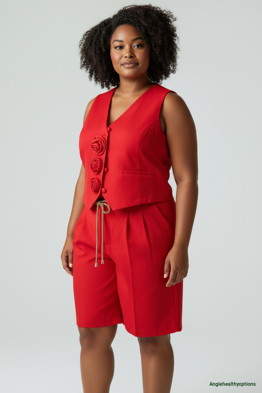 Boutique Red Rose Button Vest & Shorts Set – 2-Piece Tailored Summer Outfit